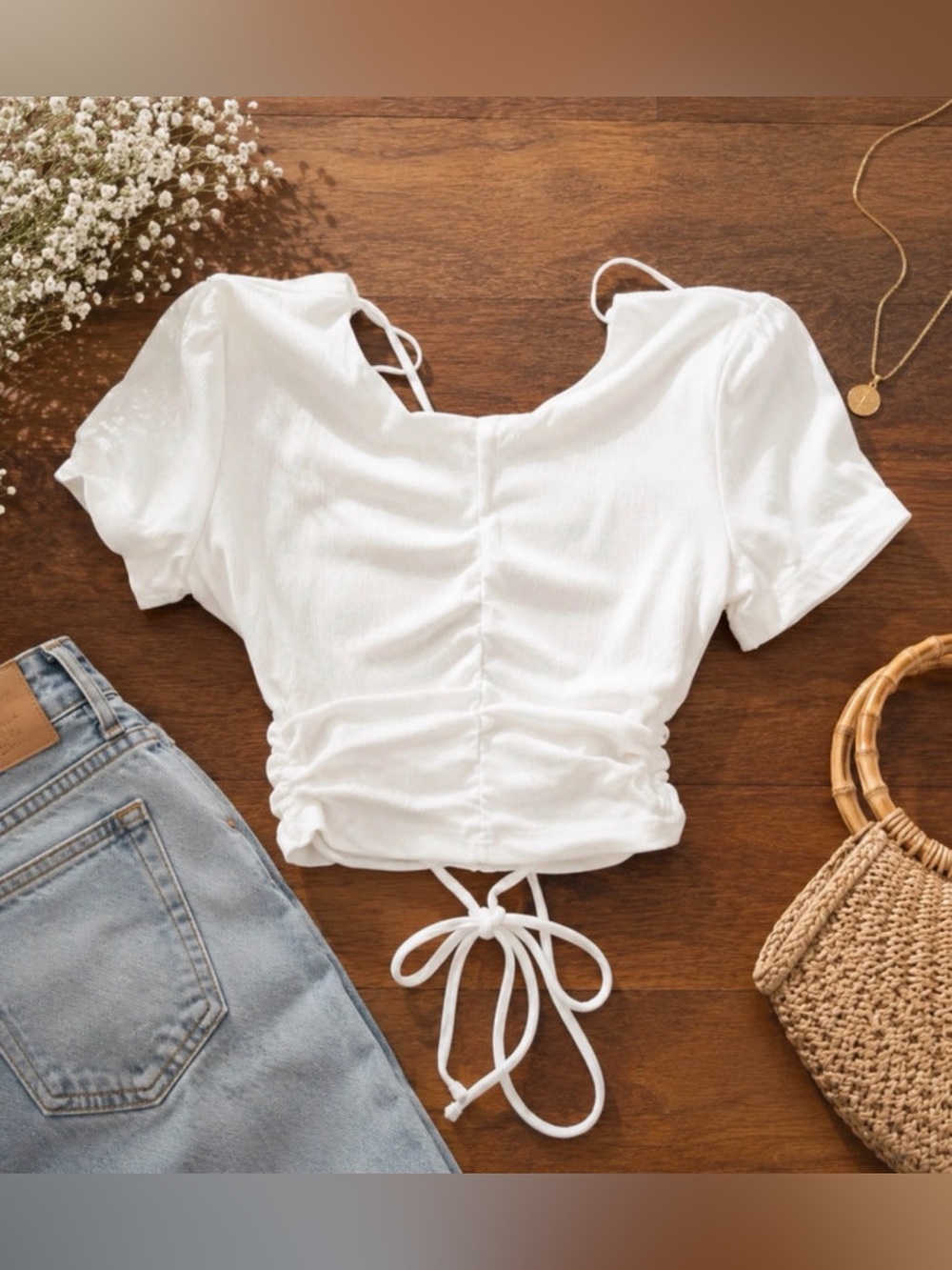 Zara White Ruched Drawstring Crop Top - Picture 5 of 5